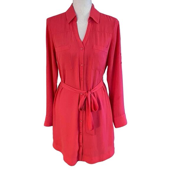 Express Size S Portofino Shirt Dress Mini Coral Pink Button Front Waist Tie Belt - Picture 1 of 4